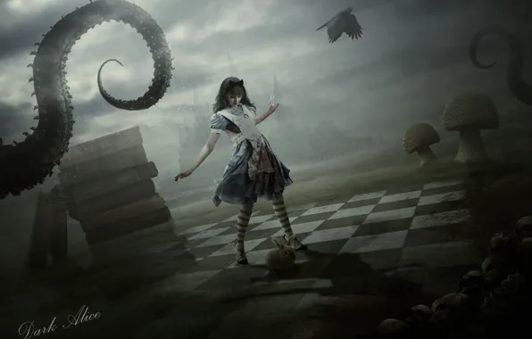 Картинка девушка, замок, гриб, книги, кролик, платье, черепа, щупальце, alice, fan art, alice in wonderland, dark …