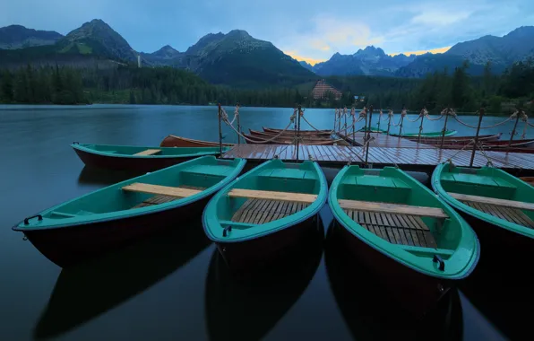 Картинка лес, горы, озеро, спокойствие, лодки, утро, причал, Словакия, Штребское Плесо