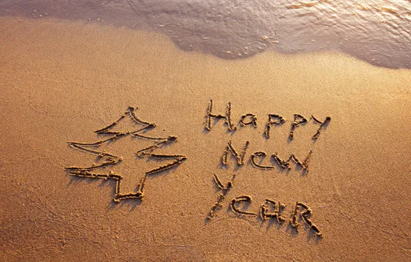 Картинка песок, море, пляж, beach, sea, sand, New Year, Happy, C Новым Годом