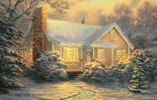 Картинка зима, снег, украшения, огни, новый год, картина, вечер, ёлка, сумерки, живопись, коттедж, Thomas Kinkade, новогодние, …