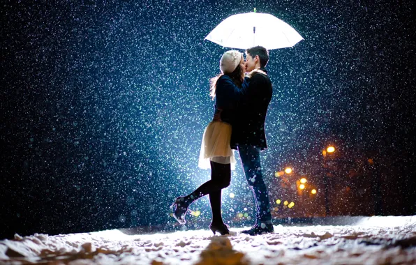 Картинка девушка, снег, любовь, зонт, парень