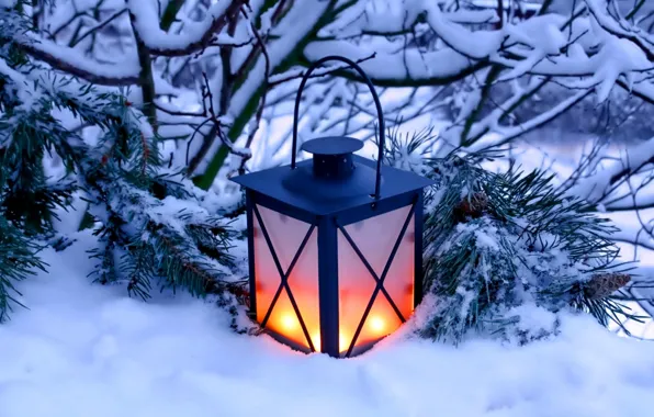 Картинка зима, снег, природа, свечи, фонарь, light, nature, winter, snow, candles