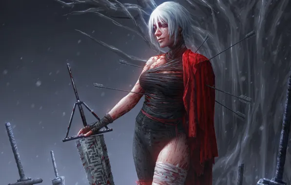 Картинка девушка, фантастика, дерево, кровь, меч, воин, повязка, стрелы, белые волосы