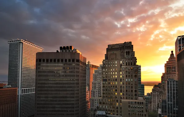 Картинка облака, закат, здания, Sunset, Manhattan, Lower, New York City