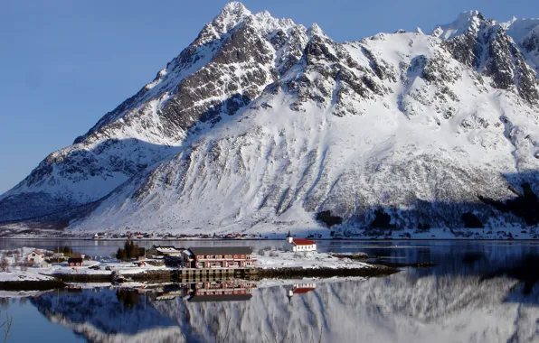 Картинка зима, снег, горы, дома, Норвегия, церковь, залив, мыс, Лофотен