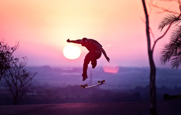 Картинка солнце, закат, прыжок, шлем, Парень, скейтборд