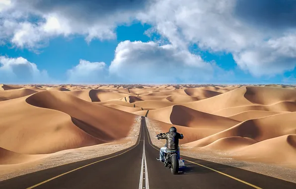 Картинка дорога, песок, барханы, путь, холмы, коллаж, пустыня, фотошоп, мотоцикл, мотоциклист, photo, photographer, Andrés Nieto Porras