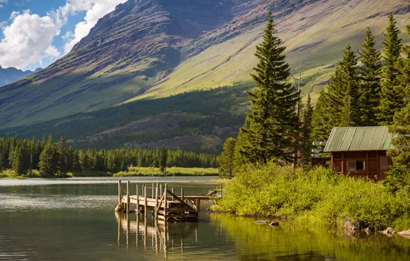 Картинка небо, деревья, горы, озеро, домик, США, мостик, Glacier National Park, Montana, Hike Lake