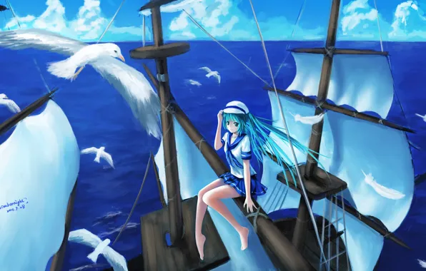 Картинка небо, девушка, облака, океан, корабль, высота, чайки, аниме, арт, vocaloid, hatsune miku, sombernight