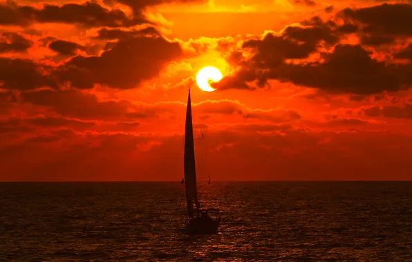 Картинка море, небо, солнце, облака, закат, тучи, лодка, яхта, парус