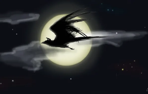 Картинка ночь, птица, луна, человек, звёзды, всадник, полёт, fantasy