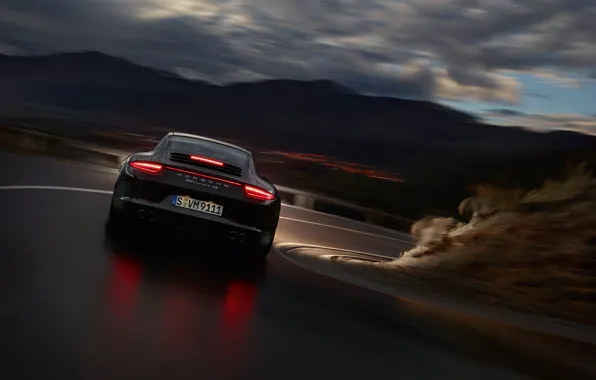 Картинка ночь, отражение, фары, скорость, Porsche Carrera 4