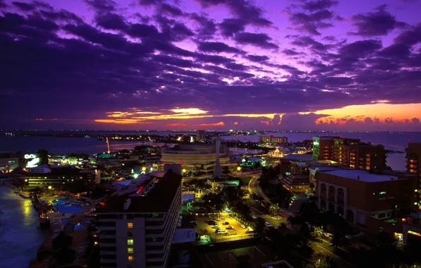 Картинка закат, город, огни, Мексика, ночной, Mexico, Cancun at Twilight, Канкун