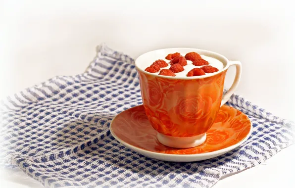 Картинка оранжевый, ягоды, малина, чай, чашка, напиток, салфетка