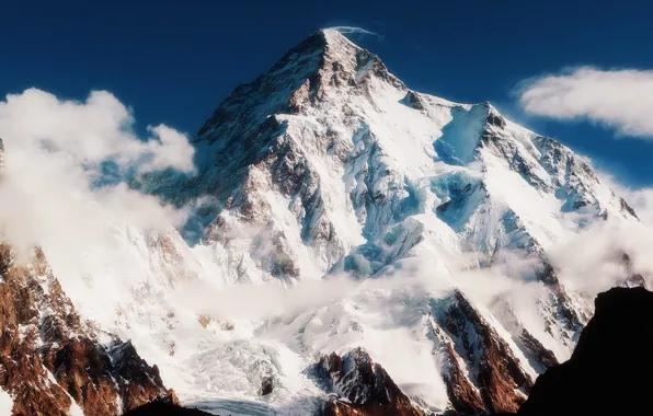 Картинка небо, облака, снег, горы, природа, скалы, Кашмир, Гора Чогори, вторая вершина Каракорума