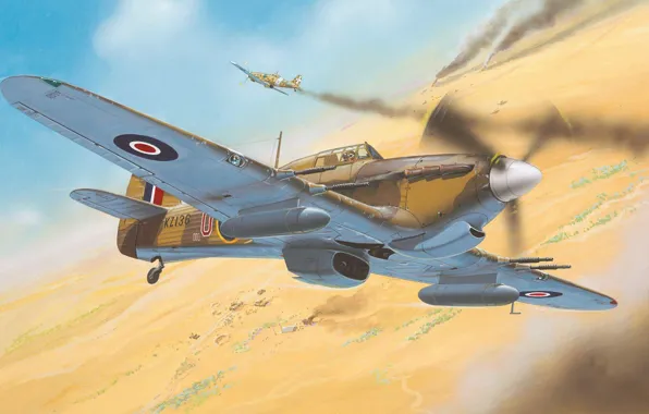 Картинка война, пустыня, рисунок, истребитель, арт, Hawker, Hurricane Mk II