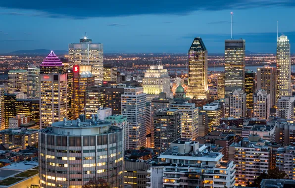 Картинка небо, ночь, city, город, огни, здания, дома, небоскребы, освещение, Канада, Монреаль, Canada, синее, buildings, Quebec, …