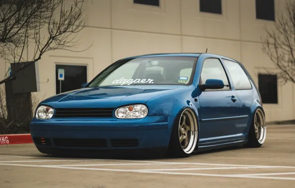 Картинка volkswagen, golf, blue, tuning, coupe, germany, low, stance, mk4