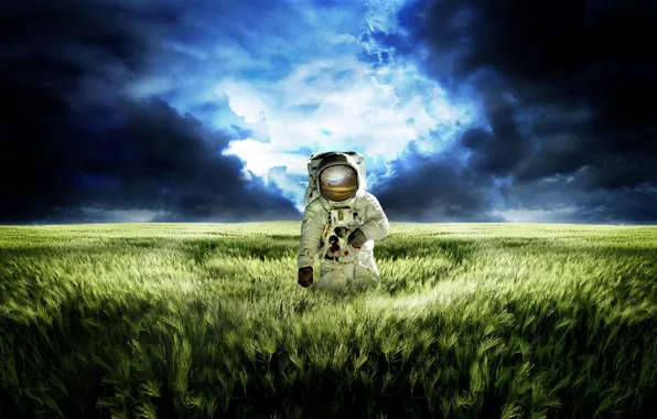 Картинка поле, небо, трава, облака, синий, отражение, планета, ситуация, скафандр, луг, зелёный, Космонавт