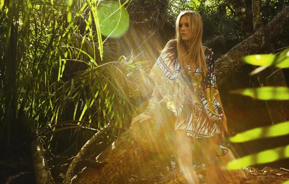 Картинка лес, девушка, солнце, свет, природа, дерево, модель, волосы, платье, блондинка, Gianne Albertoni