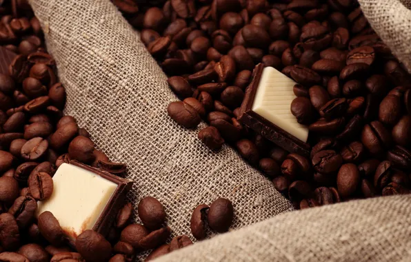 Картинка кофе, шоколад, зерна, дольки, chocolate, coffee