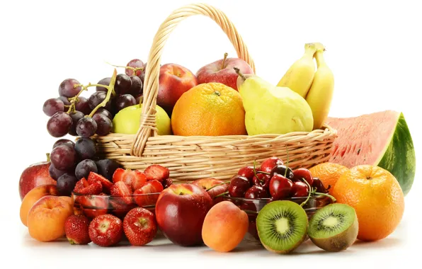 Картинка ягоды, яблоки, апельсины, арбуз, киви, клубника, виноград, бананы, фрукты, корзинка, груши, черешня, абрикосы
