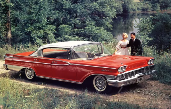 Картинка красный, люди, седан, передок, Sedan, Hardtop, 1959, Mercury, Меркури, Park Lane
