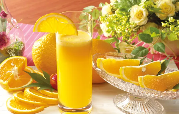 Картинка цветы, стакан, апельсины, сок