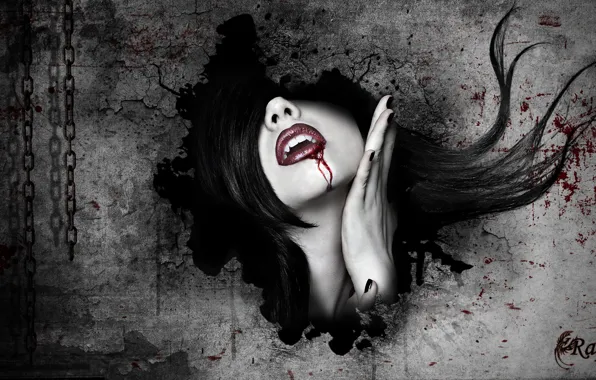 Картинка девушка, лицо, стена, кровь, вампир