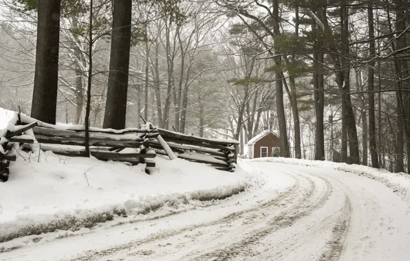 Картинка зима, дорога, лес, дом