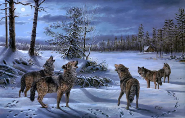 Картинка зима, лес, ночь, луна, волк, стая, волки, хижина, живопись, изба, Mary Pettis, Moonlight Chorus