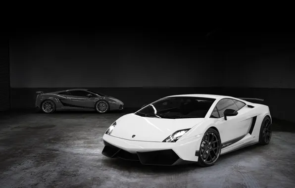 Картинка белый, серый, фон, тюнинг, Lamborghini, суперкар, Gallardo, полумрак, Vorsteiner, tuning, Ламборгини, Галлардо