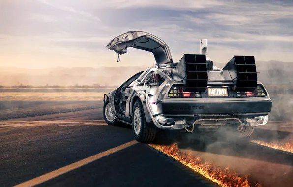 Картинка пламя, серебристый, fire, road, DeLorean, DMC-12, rear, silvery, делориан, Back to the Future