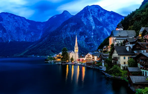 Картинка горы, озеро, дома, Австрия, Альпы, Austria, Hallstatt, Alps, Гальштатское озеро, Гальштат, Lake Hallstatt