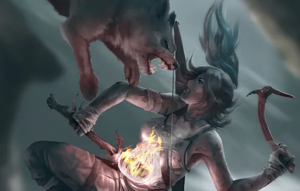 Картинка девушка, лицо, оружие, огонь, волосы, волк, хищник, пасть, нападение, клыки, факел, lara croft, tomb raider, …