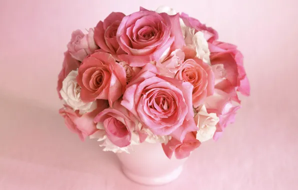 Картинка цветок, цветы, розовый, роза, цвет, розы, букет, лепестки, красиво, ваза, бутоны, нежно