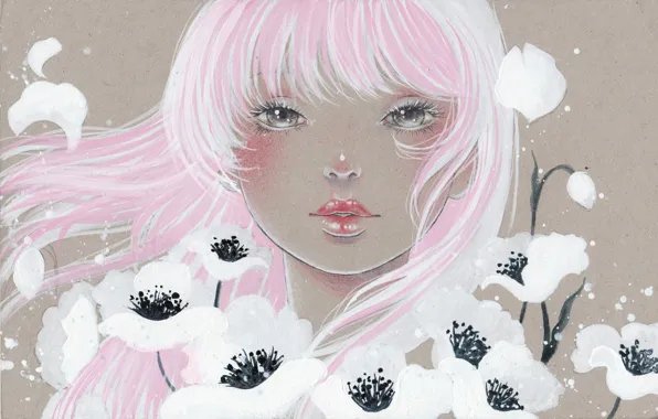 Картинка девушка, цветы, волосы, art, Victoria-Rivero