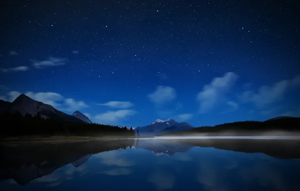 Картинка небо, вода, звезды, горы, ночь, озеро, Канада, парк Джаспер