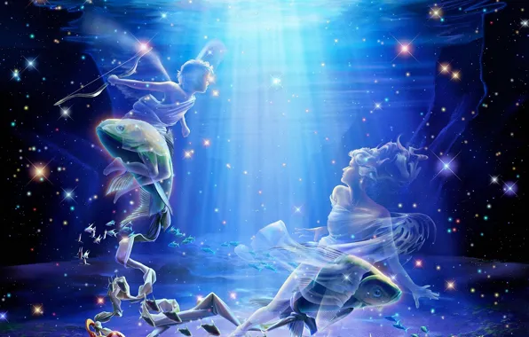 Картинка море, девушка, рыбы, арт, парень, подводный мир, под водой, зодиак, Yutaka Kagaya, kagaya