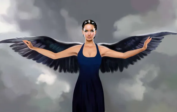 Картинка взгляд, девушка, лицо, фантастика, крылья, ангел, руки, платье, арт, angel