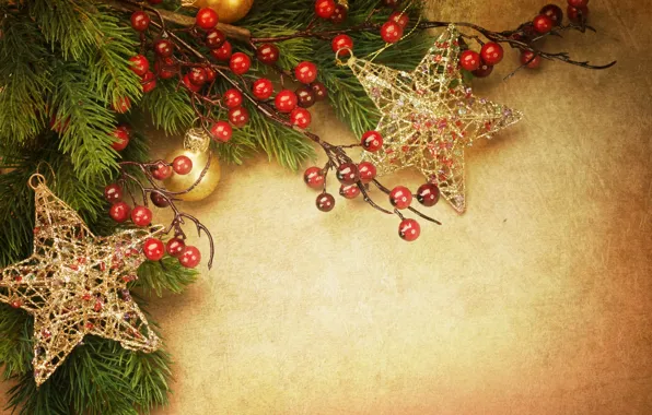 Картинка звезды, шарики, украшения, праздник, игрушки, елка, ветка, Новый Год, Рождество, Christmas, vintage, золотые, винтаж, New …