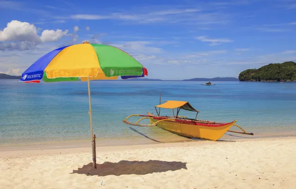 Картинка песок, пляж, лодка, зонт, тропический