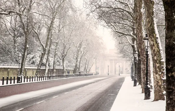 Картинка зима, дорога, снег, деревья, Англия, Лондон, фонари, London, England
