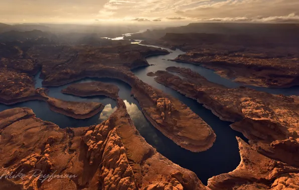 Картинка облака, свет, река, каньон, США