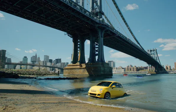 Картинка мост, city, город, всплытие, Нью-Йорк, реклама, USA, США, Америка, bridge, New-York, Fiat 500, фиат 500, …