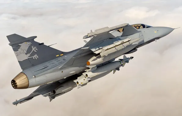 Картинка небо, облака, самолет, высота, истребитель, Saab, Gripen, JAS