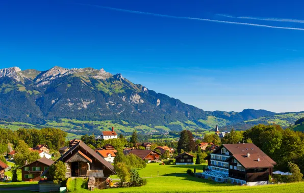 Картинка зелень, лето, деревья, пейзаж, горы, природа, холмы, дома, Швейцария, Альпы, домики, Switzerland, Alpes, Alpen