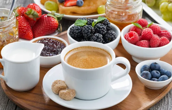 Картинка ягоды, малина, завтрак, черника, клубника, fresh, ежевика, coffee, cream, berries, breakfast, jem