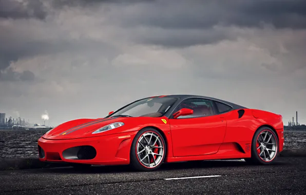 Картинка F430, Ferrari, Red, Clouds, Sky, Landscape, Water, Supercar, Factory