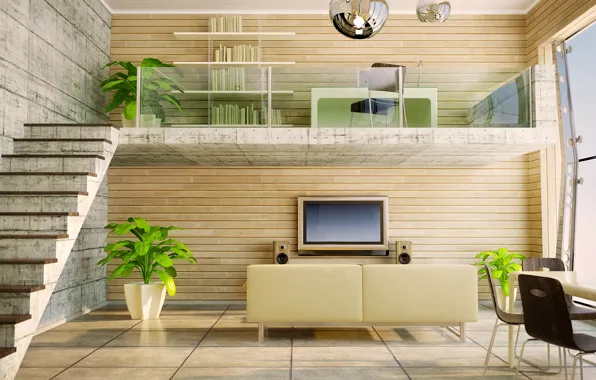 Картинка стол, диван, растения, светлый, телевизор, окно, лестница